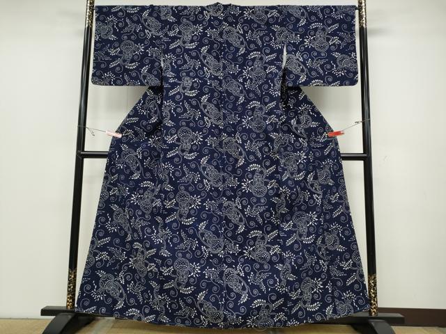 平和屋着物●上質な小紋 藍 型染め 瓢箪吉祥花文 木綿 逸品 CABC2148ut