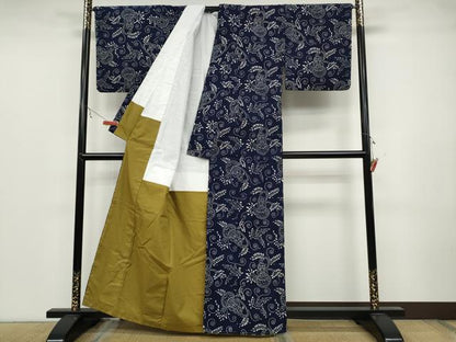 平和屋着物●上質な小紋 藍 型染め 瓢箪吉祥花文 木綿 逸品 CABC2148ut
