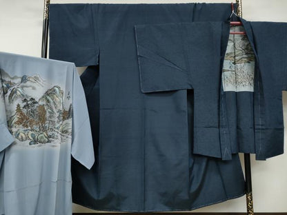 平和屋着物●男性 紬 髭紬羽織・長襦袢セット 色無地 留紺色 正絹 逸品 未使用 CABC2158ut