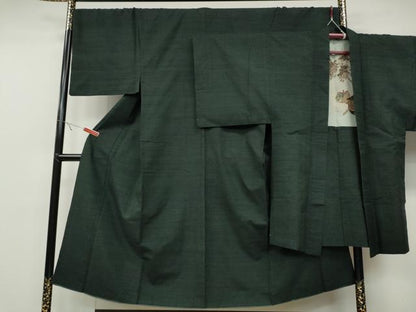 平和屋着物●男性 紬 アンサンブル 色無地 黒緑色 正絹 逸品 CABC2159ut