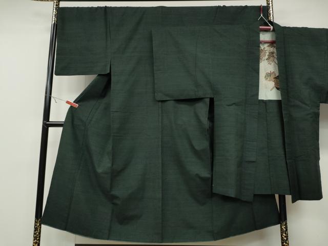平和屋着物●男性 紬 アンサンブル 色無地 黒緑色 正絹 逸品 CABC2159ut