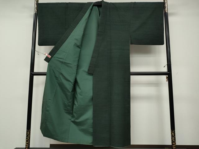 平和屋着物●男性 紬 アンサンブル 色無地 黒緑色 正絹 逸品 CABC2159ut