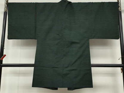 平和屋着物●男性 紬 アンサンブル 色無地 黒緑色 正絹 逸品 CABC2159ut