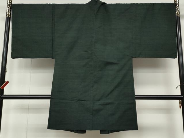 平和屋着物●男性 紬 アンサンブル 色無地 黒緑色 正絹 逸品 CABC2159ut