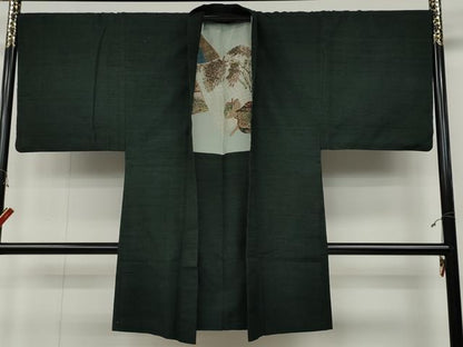 平和屋着物●男性 紬 アンサンブル 色無地 黒緑色 正絹 逸品 CABC2159ut