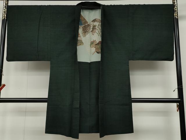 平和屋着物●男性 紬 アンサンブル 色無地 黒緑色 正絹 逸品 CABC2159ut
