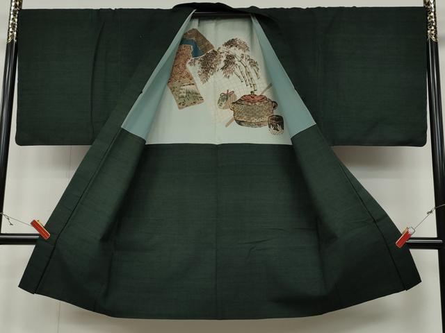 平和屋着物●男性 紬 アンサンブル 色無地 黒緑色 正絹 逸品 CABC2159ut