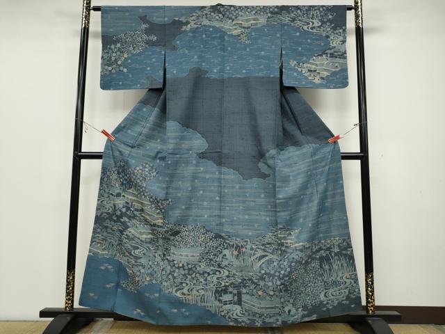 平和屋着物●染織の名門 しょうざん 生紬 訪問着 型染め 雲取り風景草花文 正絹 逸品 CABC2170ut