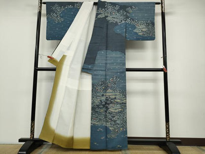平和屋着物●染織の名門 しょうざん 生紬 訪問着 型染め 雲取り風景草花文 正絹 逸品 CABC2170ut