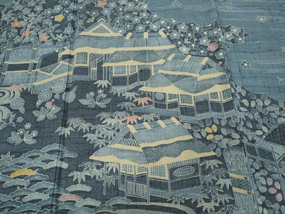 平和屋着物●染織の名門 しょうざん 生紬 訪問着 型染め 雲取り風景草花文 正絹 逸品 CABC2170ut