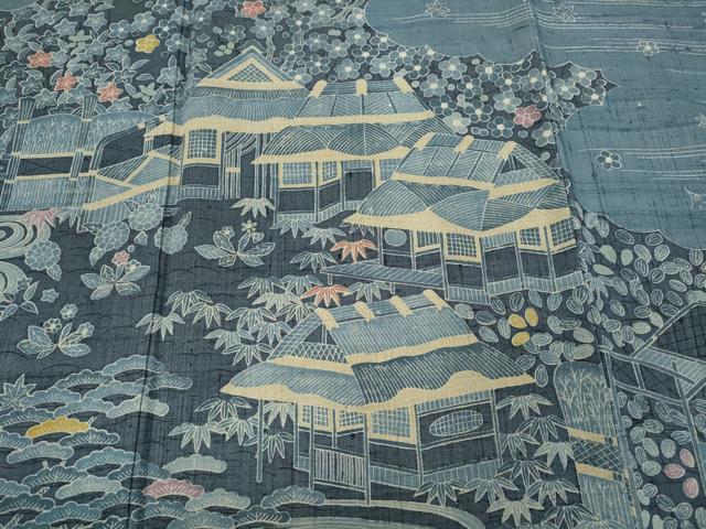 平和屋着物●染織の名門 しょうざん 生紬 訪問着 型染め 雲取り風景草花文 正絹 逸品 CABC2170ut
