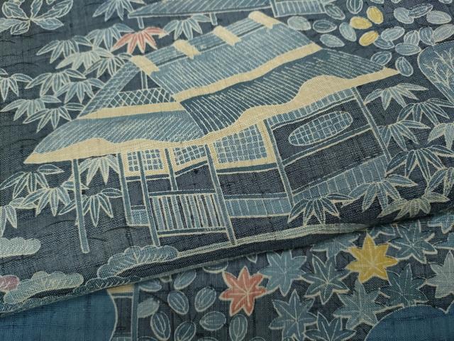 平和屋着物●染織の名門 しょうざん 生紬 訪問着 型染め 雲取り風景草花文 正絹 逸品 CABC2170ut