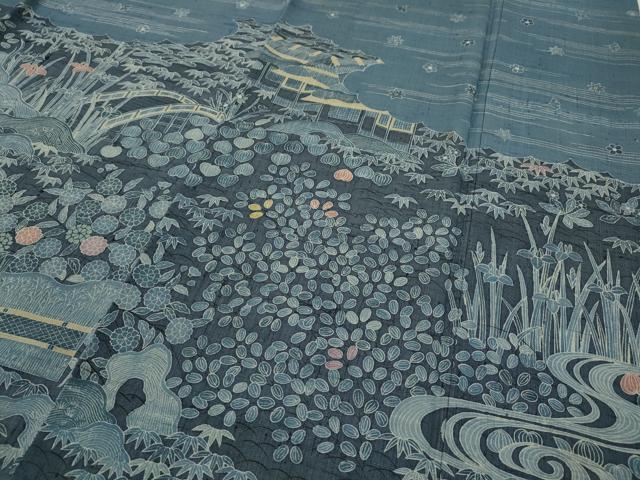 平和屋着物●染織の名門 しょうざん 生紬 訪問着 型染め 雲取り風景草花文 正絹 逸品 CABC2170ut