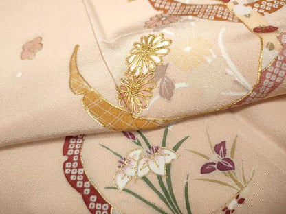 平和屋着物●訪問着 駒刺繍 雪芝草花文 金彩 正絹 逸品 CABC2196ut