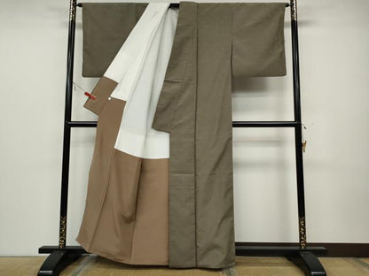 平和屋着物●上質な色無地 流水舞花地紋 茶鼠色 正絹 逸品 CABC2202ut