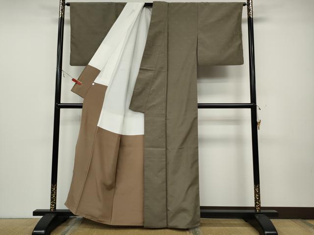 平和屋着物●上質な色無地 流水舞花地紋 茶鼠色 正絹 逸品 CABC2202ut