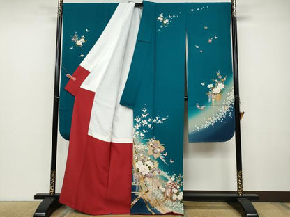 平和屋着物●豪華振袖・長襦袢セット 御所車花蝶文 暈し染め 金彩 正絹 逸品 CABC2208ut