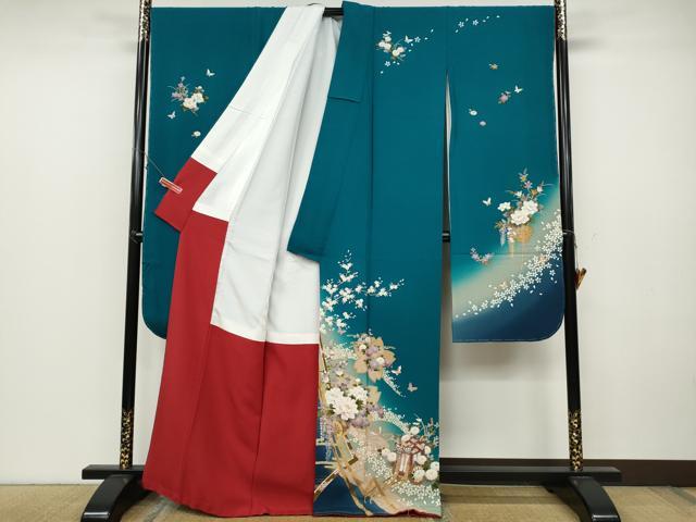 平和屋着物●豪華振袖・長襦袢セット 御所車花蝶文 暈し染め 金彩 正絹 逸品 CABC2208ut