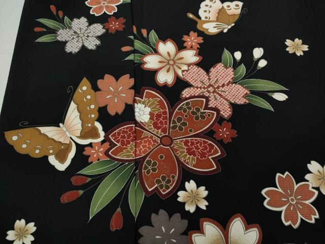 平和屋着物●豪華振袖 雪芝花蝶文 黒地 正絹 逸品 CABC2232ut