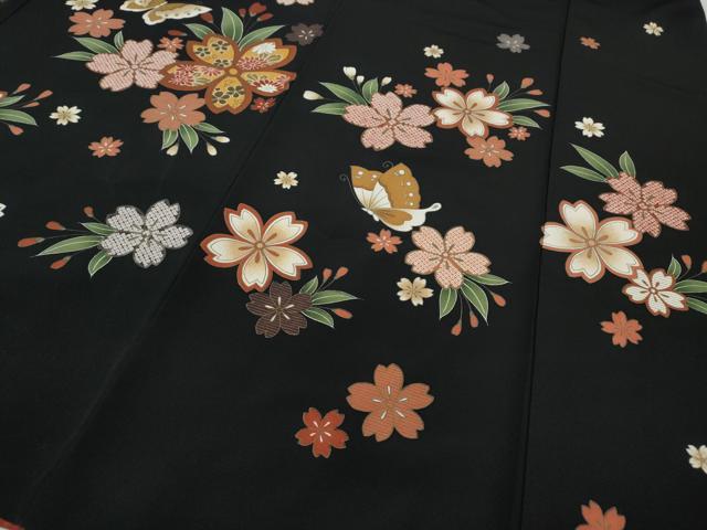 平和屋着物●豪華振袖 雪芝花蝶文 黒地 正絹 逸品 CABC2232ut