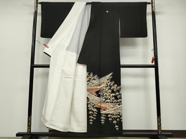 平和屋着物●豪華黒留袖 駒刺繍 船枝垂れ柳花文 金彩 正絹 逸品 CABC2256ut