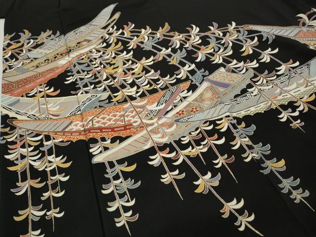 平和屋着物●豪華黒留袖 駒刺繍 船枝垂れ柳花文 金彩 正絹 逸品 CABC2256ut