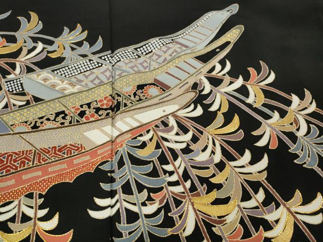 平和屋着物●豪華黒留袖 駒刺繍 船枝垂れ柳花文 金彩 正絹 逸品 CABC2256ut