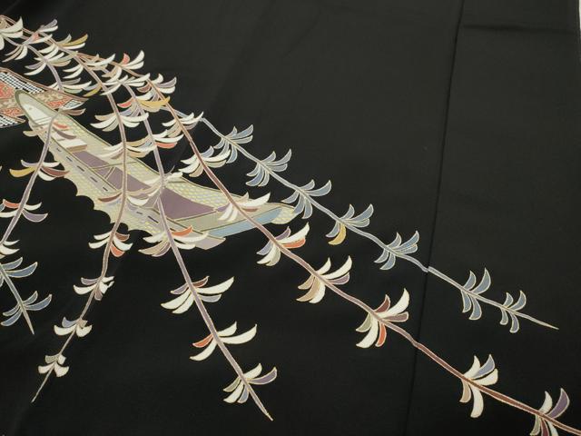 平和屋着物●豪華黒留袖 駒刺繍 船枝垂れ柳花文 金彩 正絹 逸品 CABC2256ut