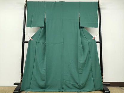 平和屋着物●上質な色無地 吉祥地紋 錆浅葱色 ロング丈 正絹 逸品 CABC2258ut