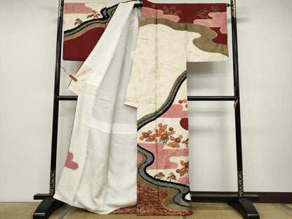 平和屋着物●訪問着 絞り エ霞飛鶴草花文 銀通し地 正絹 逸品 CABC2298ut