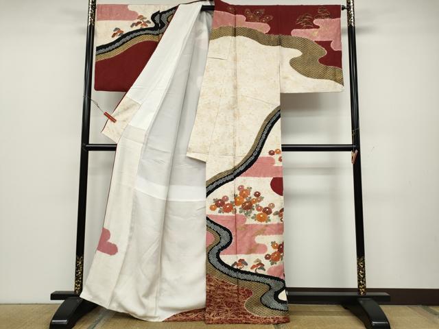 平和屋着物●訪問着 絞り エ霞飛鶴草花文 銀通し地 正絹 逸品 CABC2298ut