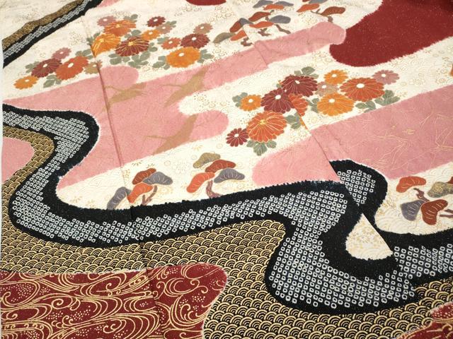 平和屋着物●訪問着 絞り エ霞飛鶴草花文 銀通し地 正絹 逸品 CABC2298ut