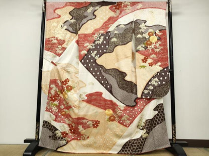 平和屋着物●豪華振袖 駒刺繍 絞り エ霞草花文 金彩 正絹 逸品 CABC2302ut