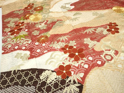 平和屋着物●豪華振袖 駒刺繍 絞り エ霞草花文 金彩 正絹 逸品 CABC2302ut