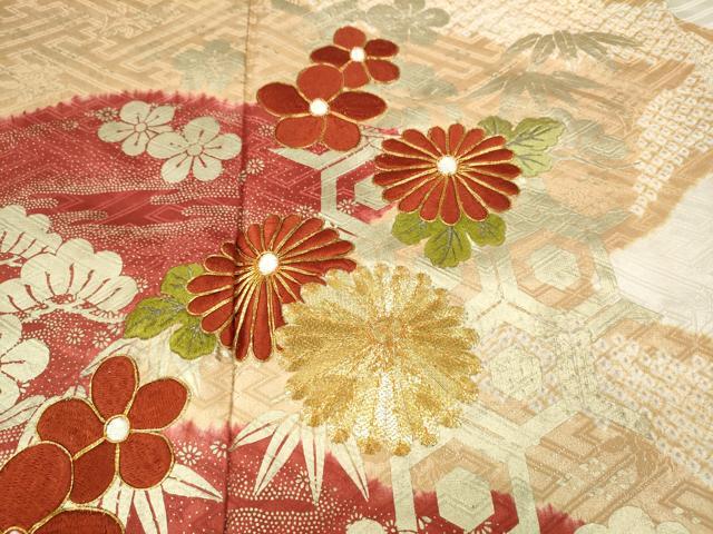 平和屋着物●豪華振袖 駒刺繍 絞り エ霞草花文 金彩 正絹 逸品 CABC2302ut