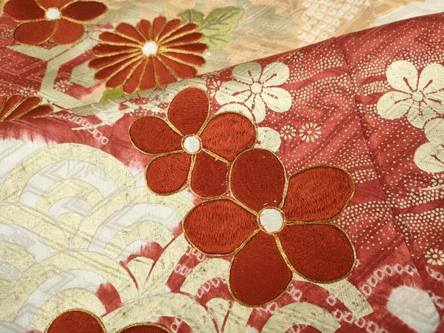 平和屋着物●豪華振袖 駒刺繍 絞り エ霞草花文 金彩 正絹 逸品 CABC2302ut