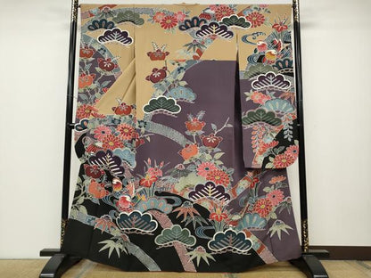 平和屋着物●豪華振袖 型染め 鴛鴦草花文 正絹 逸品 CABC2306ut
