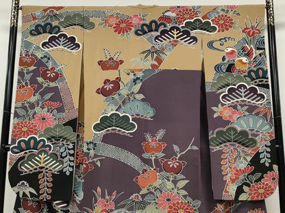 平和屋着物●豪華振袖 型染め 鴛鴦草花文 正絹 逸品 CABC2306ut