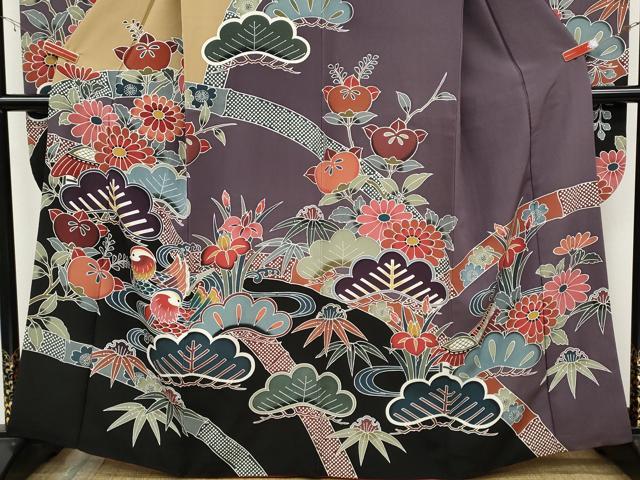 平和屋着物●豪華振袖 型染め 鴛鴦草花文 正絹 逸品 CABC2306ut