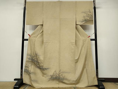 平和屋着物●訪問着 ぜんまい紬 手描き 草花文 正絹 逸品 CABC2308ut