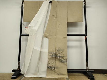 平和屋着物●訪問着 ぜんまい紬 手描き 草花文 正絹 逸品 CABC2308ut