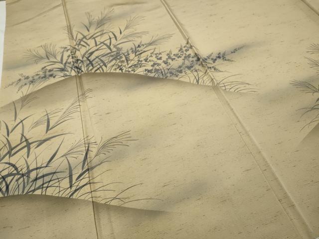 平和屋着物●訪問着 ぜんまい紬 手描き 草花文 正絹 逸品 CABC2308ut