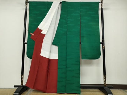 平和屋着物●豪華振袖 霞地紋 深緑色 正絹 逸品 CABC2311ut