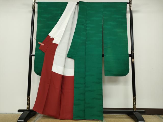 平和屋着物●豪華振袖 霞地紋 深緑色 正絹 逸品 CABC2311ut
