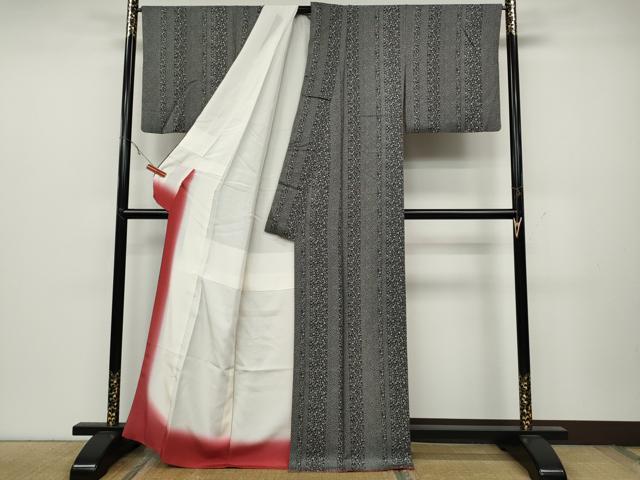 平和屋着物●上質な小紋 草花間道 黒地 正絹 逸品 CABC2323ut