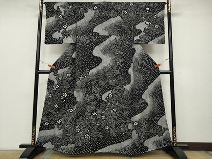 平和屋着物●訪問着 総絞り 枝花文 黒地 正絹 逸品 CABC2335ut