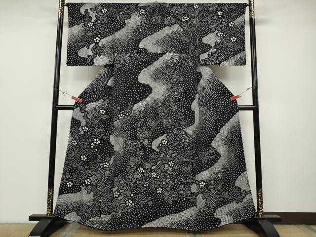 平和屋着物●訪問着 総絞り 枝花文 黒地 正絹 逸品 CABC2335ut