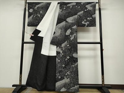 平和屋着物●訪問着 総絞り 枝花文 黒地 正絹 逸品 CABC2335ut