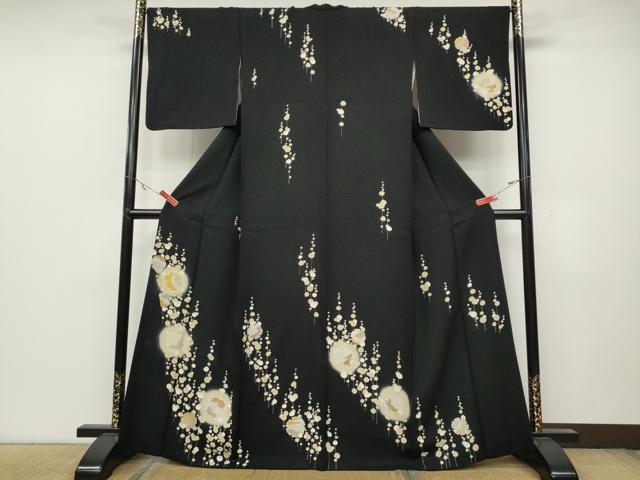 平和屋着物●訪問着 駒刺繍 雪輪花文 黒地 銀彩 正絹 逸品 CABC2338ut