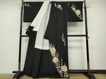平和屋着物●訪問着 駒刺繍 雪輪花文 黒地 銀彩 正絹 逸品 CABC2338ut
